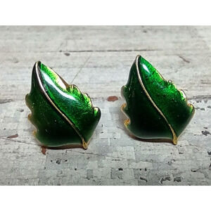 Vintage Signed Dubin Gold Tone Green Enamel Leaf Pierced Earrings *NO BACKINGS*